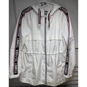 TOMMY HILFIGER Women's White Hooded Rain Windbreaker Zip Up Jacket Size Large
